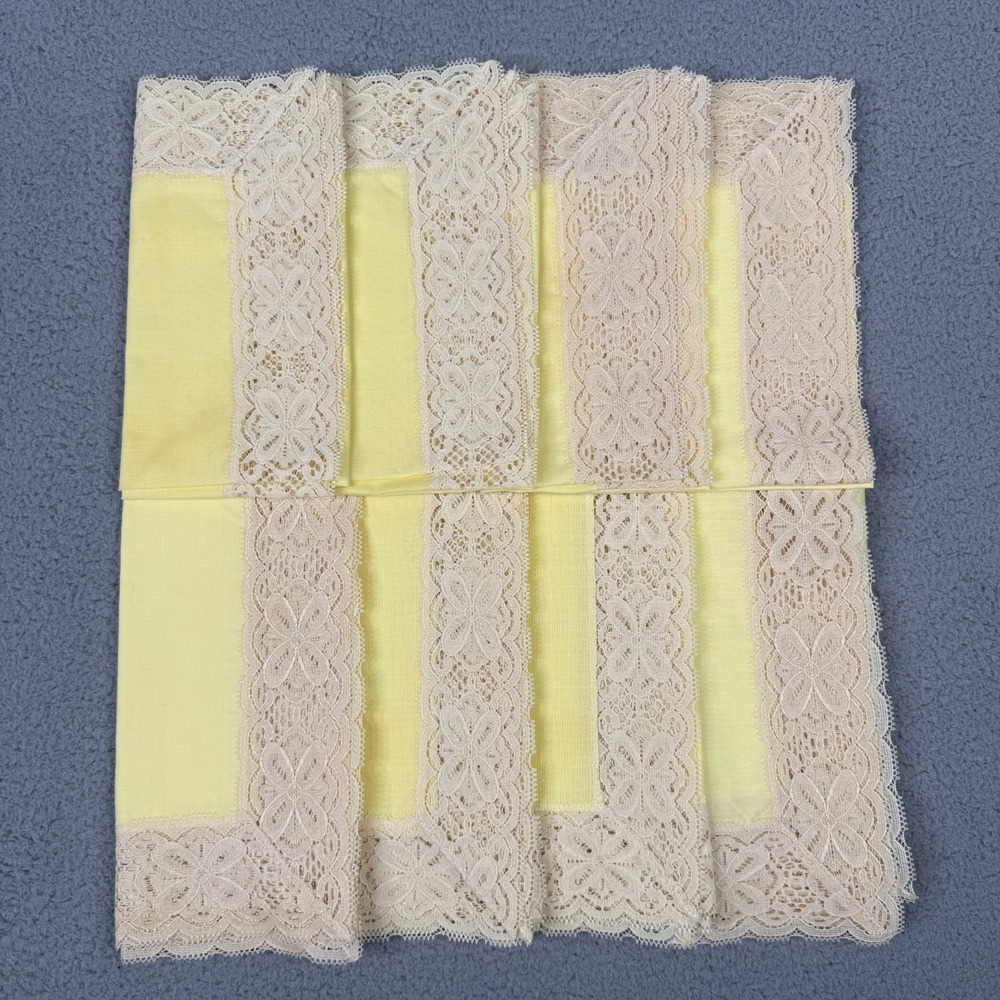 VTG Yellow Lace Trim Napkins Set 8 Floral Table Linens Cottagecore Shabby Chic